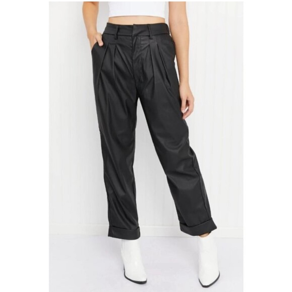 Zenana Black Pleated Faux Leather Cuffed Trousers with Belt Loops M